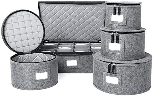 storageLAB China Storage Set, Hard Shell and Stackable, for Dinnerware Storage and Transport, Protects Dishes Cups and Mugs, Felt Plate Dividers Included (Gray, 5 Piece Quilted Set for China Storage)