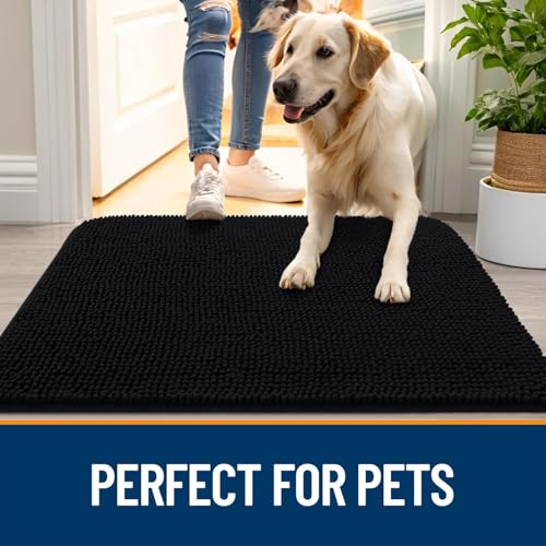 smiry Door Mat, Super Absorbent Chenille Dog Door Mat, Washable Non Slip Door Matts Indoor, Soft Microfiber Pet Rug and Bath Mat for Entrance Kitchen Muddy Shoes & Paws - Black, 60 x 90 cm - Image 5