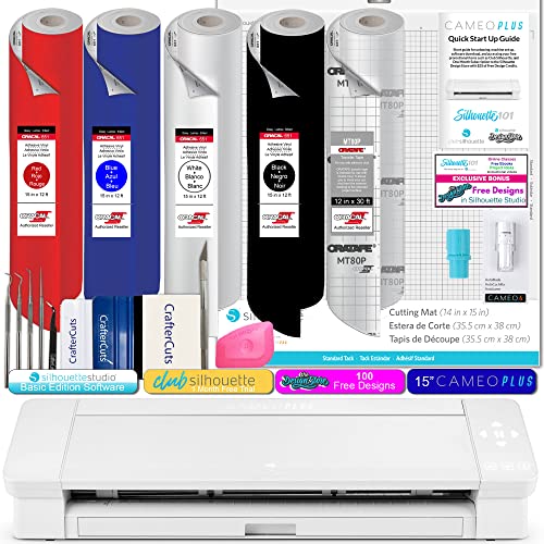 Silhouette Cameo 4 Plus Bundle with 4-12ft Rolls of ORACAL 651 Vinyl, 30 Ft of ORATAPE, CrafterCuts Vinyl Tool Kit, Bonus Designs, and Access to Ebooks, Classes, and Tutorials