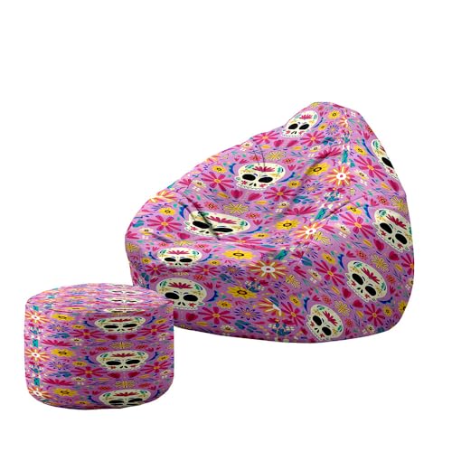 Hiseng Funda Puff Pera con Reposapies Sin Relleno S M L XL XXL, Puff Sin Relleno Lavable Grande Pequeño para Infantil Adultos Almacenaje de Juguetes de Peluche (Impresión de Calavera 1,130x150cm)