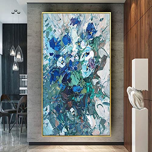 Peinture à l'huile grand format pour salon motif floral bleu moderne et rétro