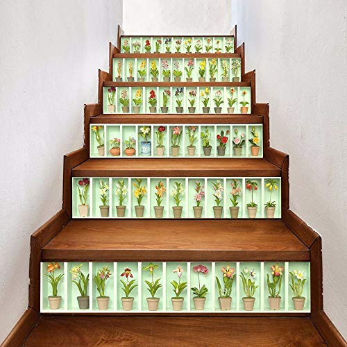 Preisvergleich Produktbild jasmine XDL store Treppenaufkleber einfache kreative 3D-Treppenaufkleber Topfpflanzen grün renoviert Treppenaufkleber Selbstklebende Wandaufkleber wasserdicht 6 Stück