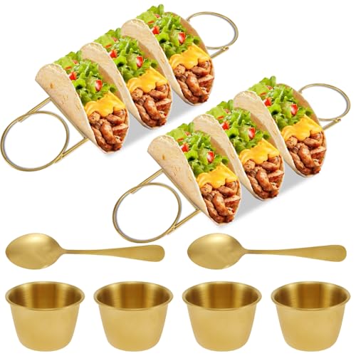 2 Pack Taco Holder, Taco Stand with Spoon & Salad Cup, Stainless Steel Taco Shell Holder, Hold 3 Hard or Soft Shell Taco, Burritos Tortilla Cooling Stand Rack for Kitchen Restaurant Bar(Golden)