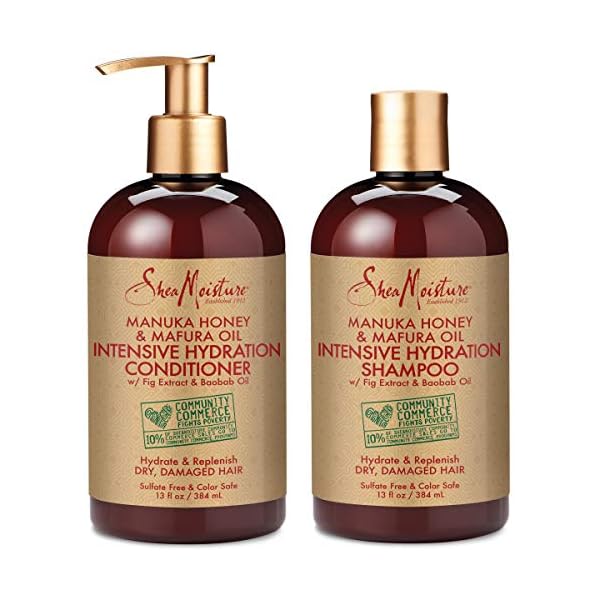 SheaMoisture-Manuka-Honey-Mafura-Oil-Intensive-Hydration-Shampoo-Conditioner-Set-of-2-13-fl-Oz-each Shea Moisture Shampoo and Conditioner Set, Manuka Honey, Mafura Oil, Baobab Oil & Fig Extract, Hydrate + Replenish, Vitamin C, Sulfate Free & Hair Color Safe, Deep Conditioning, 13 Fl Oz Ea