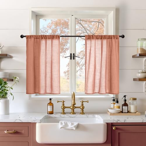 Image of BGment Terracotta Linen Curtains 30 Inch Length for Kitchen Window, Cafe Drapes Semi Sheer Rustic Textured Rod Pocket Lightweight, 2 Panels, Each 30 Inch Wide
