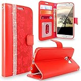 S7 Case, Galaxy S7 Case, Cellularvilla [Diamond Jewel] Embossed Flower Design Premium Pu Leather Wallet Case [Card Slots] [Stand Feature] Folio Flip Cover For Samsung Galaxy S7 (Red Bling)
