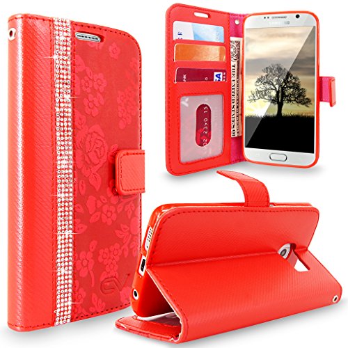 S7 Case, Galaxy S7 Case, Cellularvilla [Diamond Jewel] Embossed Flower Design Premium Pu Leather Wallet Case [Card Slots] [Stand Feature] Folio Flip Cover for Samsung Galaxy S7 (Red Bling)