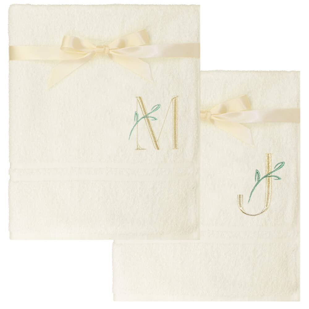 Teddyt's Cream Personalised Embroidered Leaf Initial Bath Towel Wedding Gift Set