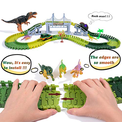 Boby Dinosaur Race Car Track Toy，163pcs Flexible Tracks Playset，Dinosaur World Road Race Car Track Set，Dinosaur car Toys Perfect Birthday Toys for 3,4,5,6,7,8+Years Old Boys Girls Children - Thumbnail 3