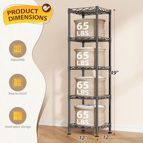 Image of 5 Tier Metal Shelving Unit Adjustable Storage Shelves Wire Shelves Storage Rack Standing Bathroom Shelf and Narrow Small Shelf for Kitchen Pantry Closet Laundry Dorm Office 12''Wx12''Dx49''H Black