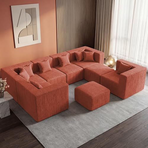 Image of MONVANE Modular Sectional Sofa, Oversized 8 Seat Convertible U Shaped Couch with Ottoman, Comfy Chenille Cloud Couch with Deep Seat, Sectional Couches for Living Room, No Assembly Required, Rust Red