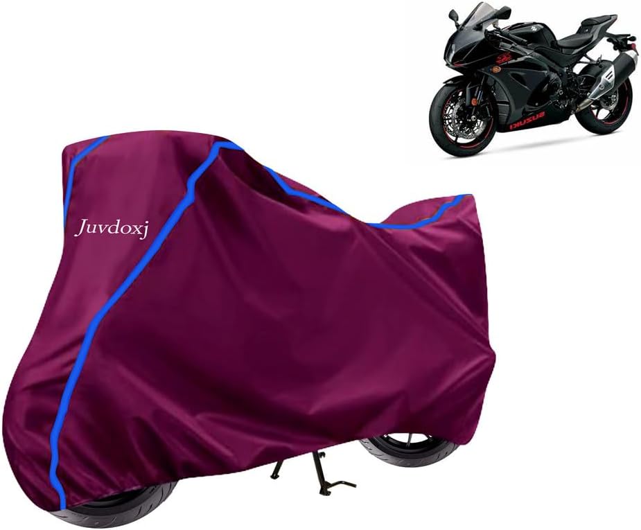 Juvdoxj - Bike Cover Water Resistant Compatible with Suzuki GSX R1000 Bike Cover with Elastic and Belt Bukle Lock with Stripe Piping Design(Mahroon and Blue)