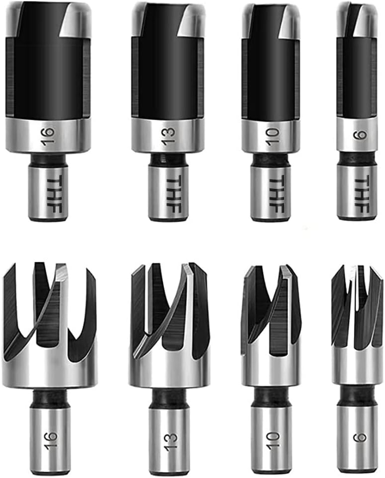 THF 8pcs Standard Wood Plug Cutter Set, Wood Dowel Maker Plug Hole Cutter Tenon Carbon Steel Metric Shank Drill Bit Set, Taper Claw Type HSS Cork for Woodworking Tool- 6mm 10mm 13mm 16mm