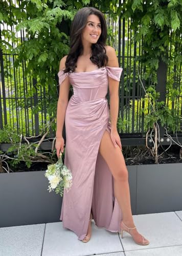 UZN Off Shoulder Satin Prom Dresses Long Cowl Neck with Slit Mermaid Formal Evening Party Gowns3