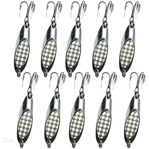 10pcs 2oz Fishing Kast Spoon with a Treble Hook Fish Chrome Jig Bait Lures Holographic Laser Silver Tape Kast Master Style Champ Spoons - Fish WOW!