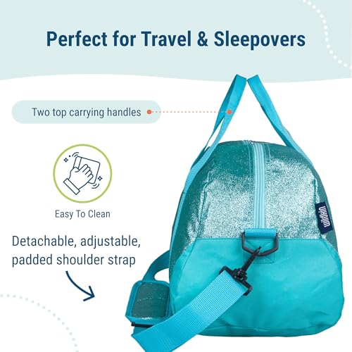 Image of Wildkin Kids Overnighter Duffel Bag - Carry-On Travel Bag for School & Sleepovers, Lightweight, Durable, Boys & Girls Ages 4-15 - Blue Glitter