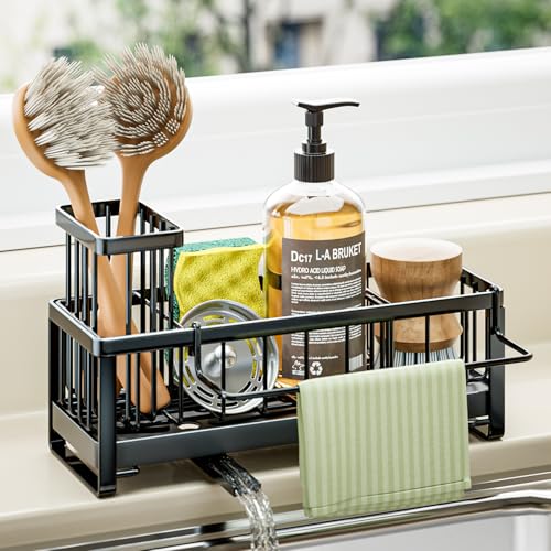 HapiRm Kitchen Sink Caddy Black- Self-draining Sponge Holder with Brush Holder and Dishcloth Holder, Stainless Steel Sink Tidy Organiser for Countertop Kitchen Storage & Organisation