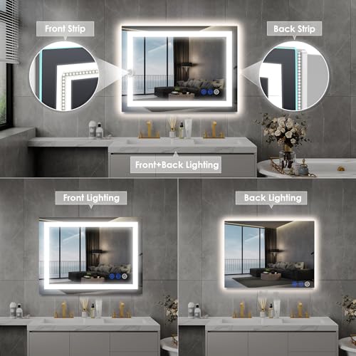 Image of 36x28 LED Bathroom Mirror, Frontlit & Backlit, Wall Vanity Mirror with Lights, 10%-100% Dimmable, 3 Colors, Anti-Fog, Smart Memory, Makeup Mirror with Touch Button