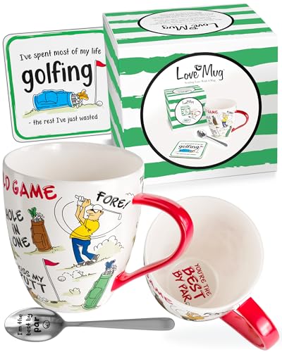 Love Mug: Golf Mug, Coaster and Engraved Teaspoon Set - Funny Christmas and Birthday Gift For Golfers - 400ml Mug - Award Winning Retailer