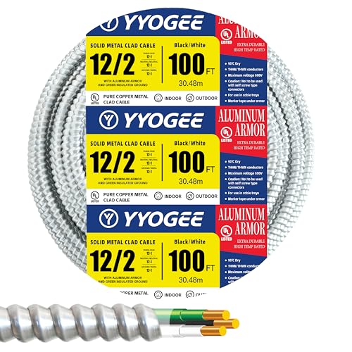 YYOGEE 12/2 100FT MC Cable with Ground 12 Gauge Wire Metal Clad Cable with Solid Copper Conductors Aluminum Armor Electric Wire for Indoor Outdoor Commercial Industrial Use