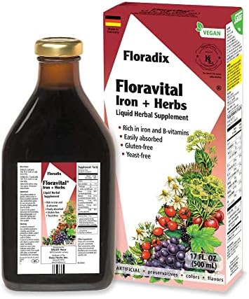 Floradix, Floravital Iron & Herbs Vegan Liquid Supplement, Energy Support for Women and Men, Easily Absorbed, Non-GMO, Vegan, Kosher, Lactose-Free, Unflavored, 17