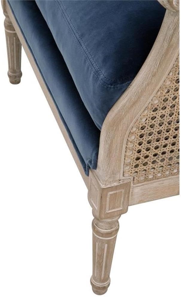 Pemberly Row Contemporary Cane Wingback Club Chair, 36" H x 29" W x 30" D, Velvet and Rattan Frame, Denim Blue Upholstery, Natural Gray Finish, Scroll Armrests, Carved Legs, Living Room Accent Chair