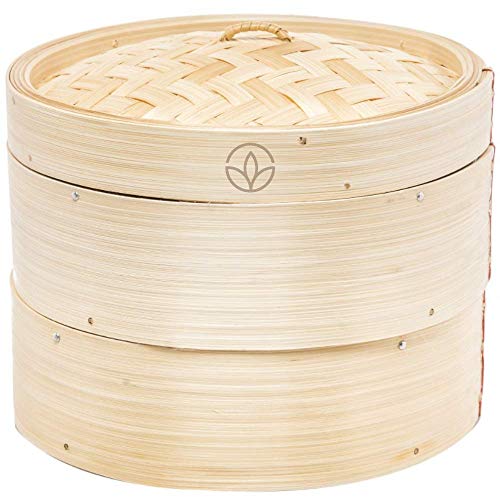 Two Tier Bamboo Steamer Gift Set - 8 Inch Bamboo Steamer Basket with Dish Lip - Dumpling Steamer with Extra Dumpling Mold - Asian Steam Basket for Cooking Bao Bun, Dim Sum, Chinese and Japanese Food