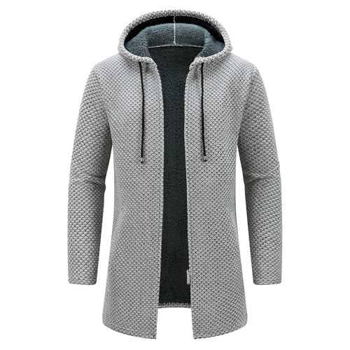 KUDORO Cardigan Gilet Homme Long à Capuche Zippé Cardigan en Tricot Hoodie Épais Polaire Chandail Sweats à Capuche(Gris Clair,XL)