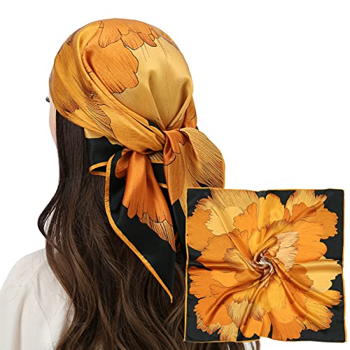 RIIQIICHY 100% Silk Scarf Head Scarf for Women Hair Scarf for Sleeping Hair Wrapping at Night Square Neck Scarves 27" x 27" 27"-gold Floral