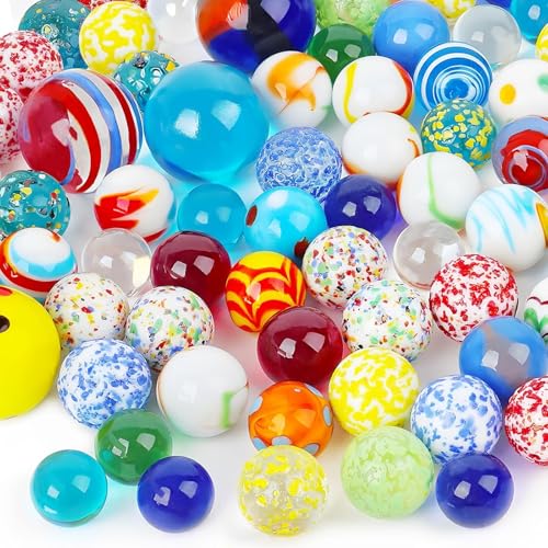 HAKACC Lot de 85 billes en verre, colorées, dans une boîte en fer blanc, jeu de billes pour enfants, décoration de plantes
