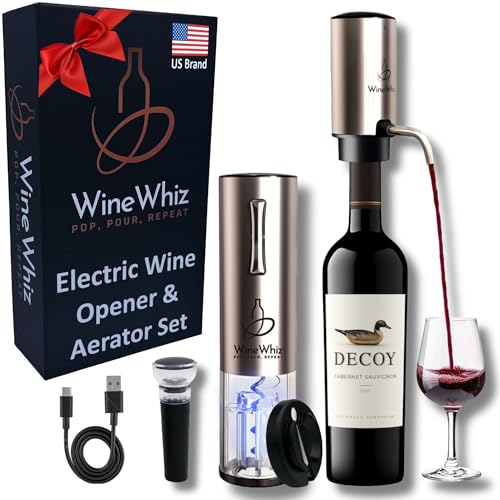 Electric Wine Aerator & Opener Set with Accessories, Rechargeable Automatic Corkscrew, Aerator, Dispenser, Foil Cutter Tool, Stopper, Wine Lovers Gift for Housewarming, Birthday, Registry, Anniversary