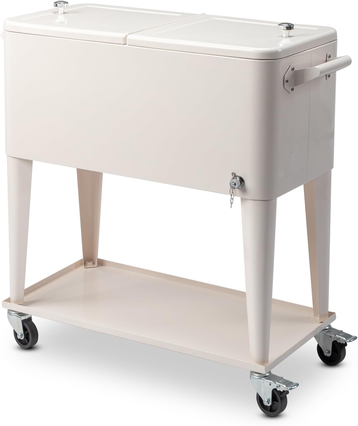 80 Quart Rolling Cooler Cart for Outdoor Patio, Insulated Ice Chest on Wheels with Bottle Opener and Cap Catcher, Mobile Beverage Cart for Party and Deck, Milk White