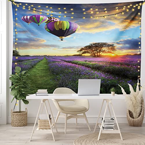 Ambesonne Hot Air Balloon Tapestry, Spring Lavender Field At Sunrise Various Air Vehicle On Sky Print, Wall Hanging For Bedroom Living Room Dorm Decor, 40" X 60", Blue Pale Blue #TOP5