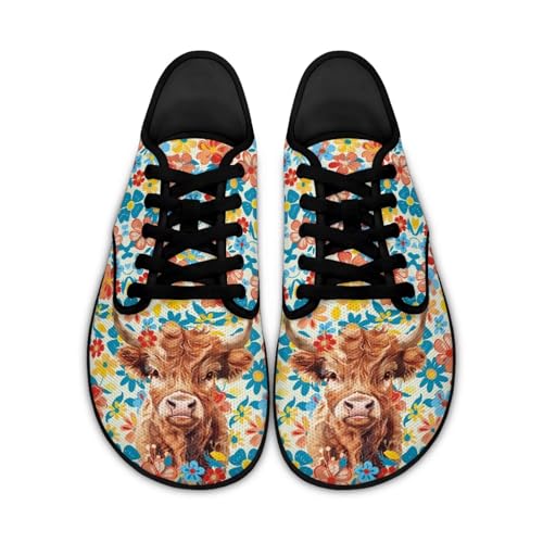 Pointodoor Highland Cow Sneakers for Women Men Size 8 Wide Toe Box Zero Drop Barefoot Shoes Flower Slip on Cross Training Shoes Comfortable Office Work Flats Minimalist Athletic Shoe