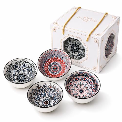 Image of Japanese Ceramic Bowl Set of 4 with Gift Box | 300ml Soup Rice Snack Dessert Bowls, Hand Painted Mandala Patterned Bowls | Microwave & Dishwasher Safe Serving Bowls (Mandala Muse)