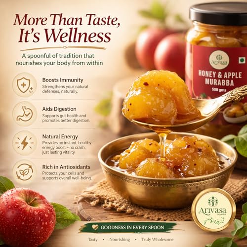 Image of Arivasa Organics Apple Murabba with Honey (500g) Delicious Kashmiri Apple Fruit Sweet Preserve, Rich in Antioxidants, Fibre & Immunity | Mouth-Watering Sweet Snack Marmalade Jar - Ghar ka Seb Murabba