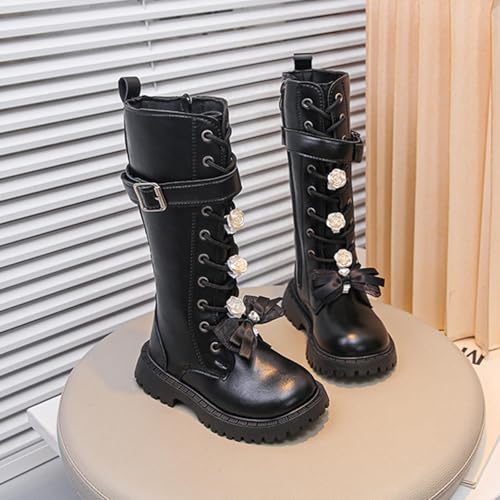 Girls Combat Boots Bow Lace Up Mid Calf Riding Boots PU Leather Side Zipper Buckle Lug Sole Goth Boot 4-11 Years4