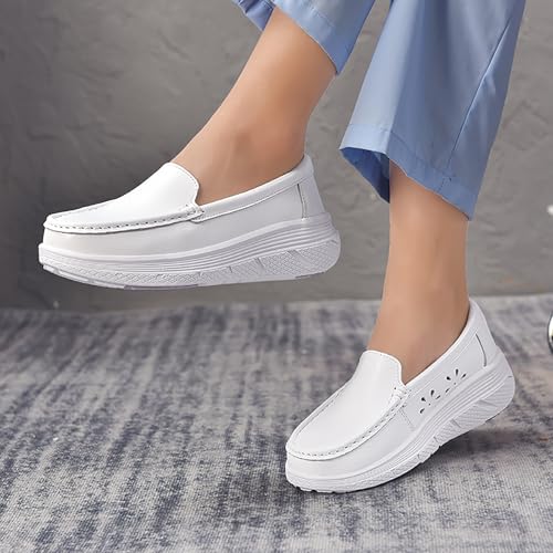 Image of Women's Platform Orthopedic Nurse Working Shoes,Comfortable Breathable Slip On Anti-Slip Nursing Restaurant Work Leather Walking Loafers