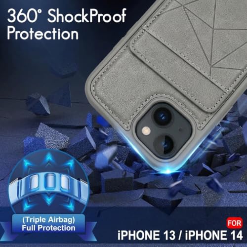 Image of amazon basics Premium Vegan Leather Back Cover with Card Holder and Integrated Mobile Stand for iPhone 14 - Slim Shockproof Wallet Case with Geometric Stitching [Gray]