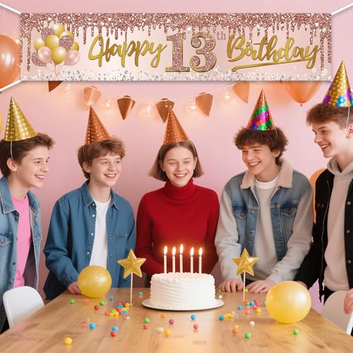 Image of Excelloon 13th Birthday Banner Decorations for Girls, Pink Rose Gold Happy 13 Birthday Yard Banner Party Supplies, 13 Year Old Teenager Bday Background Sign for Outdoor Indoor