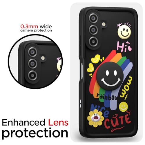 Image of Pikkme Back Cover for Samsung Galaxy M17 5G / A17 5G / F17 5G | Soft Silicone| Cute Rainbow Smile & 3D Cartoon Flower Design | Shockproof Raised Camera Protection Bumper Case (Black)