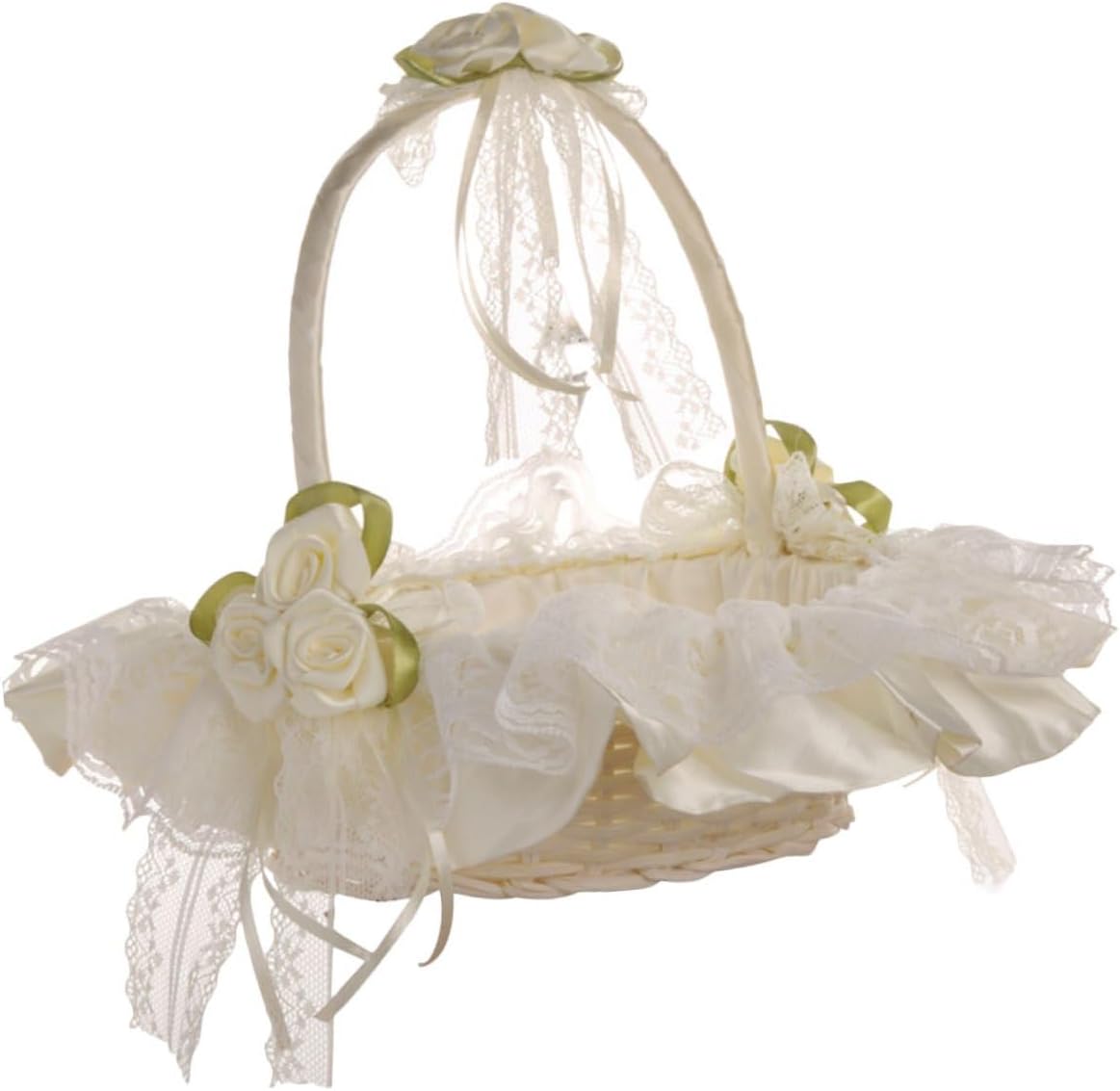 Wedding Flower Girl Basket with Lace and Satin Flowers Small White Basket with Handle for Bridesmaids for Ceremony Supplies