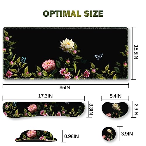 Image of ARTSO Gaming Mouse Pad Wrist Support Set, XXL Large Desk Mat Mousepad + Keyboard Wrist Support+ Mouse Wrist Rest+Coaster 4in1 Ergonomic, Stitched Edge for Home Office -Flowers and Butterflies