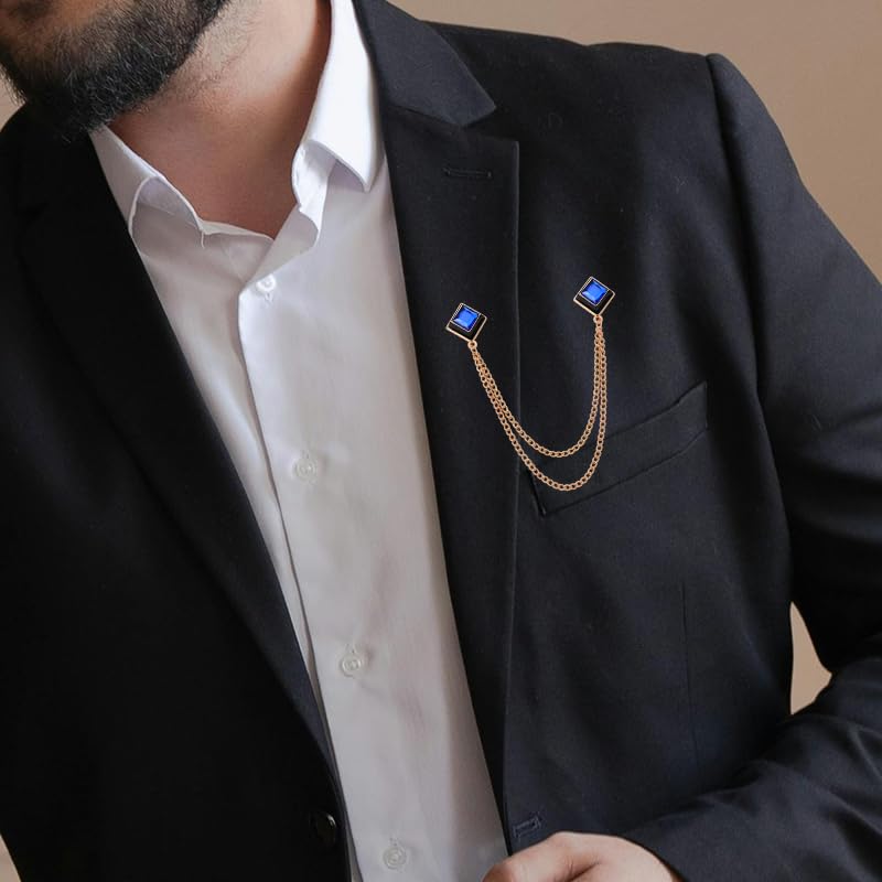 Image of Gem Brooch Pins Hanging Chain Lapel Pin for Men Suits Shirt Collar Brooch Square Crystal Brooch Pin Rhinestone Lapel Pins for Men Tassel Chain Brooch Collar Pins Business Suit Shirt Accessories