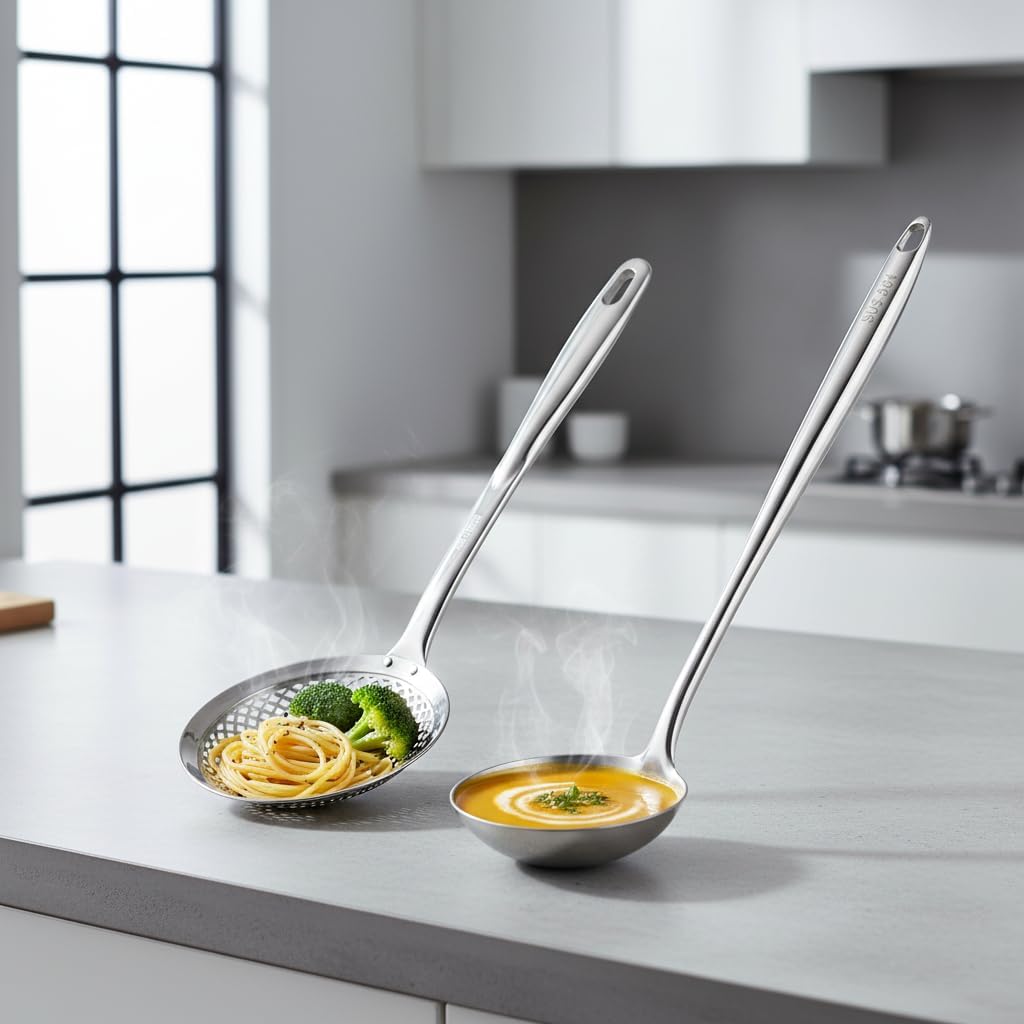 Stainless Steel Soup Ladle and Slotted Spoon Set | 15.8" Solid & 15" Skimmer for Cooking and Straining - Durable,Heat-Resistant,Ergonomic Handle Kitchen