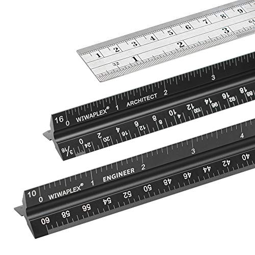 WIWAPLEX Architectural Scale Ruler Set, 12 Inch Triangular Engineering Scale Rulers, Laser-Etched Aluminum Drafting Tool for Blueprints, Standard Metal Architect Ruler Included, (Imperial) 3 Pack