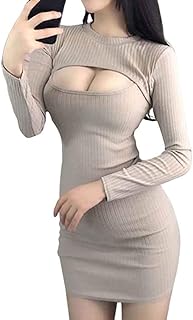 [Raineed] 胸元 セクシー レディース ミニ ワンピース タイト 胸 空き 開き ニット 長袖 伸縮性ボディコンシースドレス