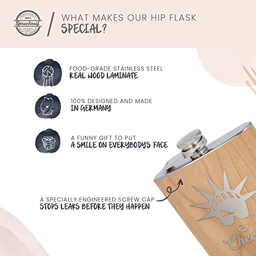 Spruchreif | Stainless Steel Hip Flask | American Flag Flask | Wooden Hip Flask With Engraving | Drinking Flask | America Gifts | Patriotic Gift | Independence Day | Statue Of Liberty | Usa Gift #TOP3