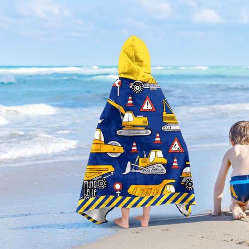 Image of Engineering Vehicle Boys Beach Towel with Hoodie for Kids Toddlers Age 4-8,Car Blue Bath Towels Shower Wrap for Boys, Hooded Poncho Beach Blanket for Pool Swimming Cute Wearable Bath Towel for Child
