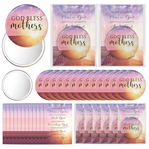 Geelin 50 Pcs Mother's Day Church Gifts Bulk God Bless Mothers Compact Mirrors with Prayer Cards Christian Mini Compact Mirror Christian Gifts for Women Mom Church Member (Cross)